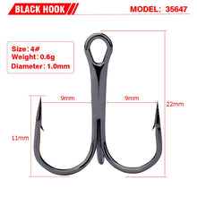 Load image into Gallery viewer, 10Pcs/lot 2# 4# 6# 8# 10# Black Fishing Hook High Carbon Steel Treble Overturned Hooks Fishing Tackle Round Bend Treble For Bass