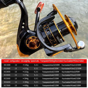 Metal Spool Spinning Fishing Reel 1000-7000 Series Fishing Wheel 12+1BB 5.2:1 Fishing Tackle Pesca Carrete Carp Reel Feeder