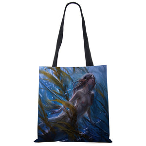 Mermaid Print Tote Shoulder Bag For Women Shopping Reusable Bags Large Travel School Beach Bags