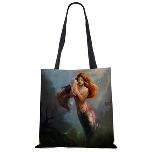 Mermaid Print Tote Shoulder Bag For Women Shopping Reusable Bags Large Travel School Beach Bags