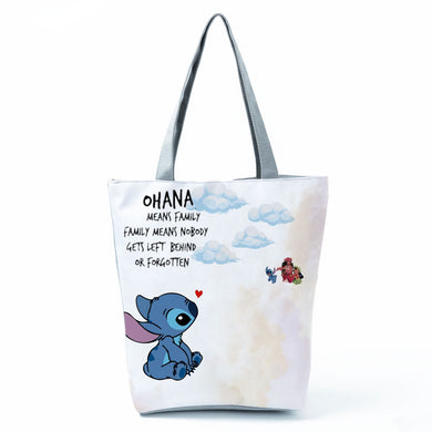 Disney Lilo Stitch Cute Cartoon Printed Handbags Women Eco Reusable Shoppaing Bag Travel Beach Tote Bag Wholesale