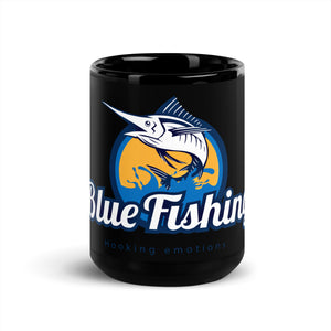 Blue Fishing Black Glossy Mug