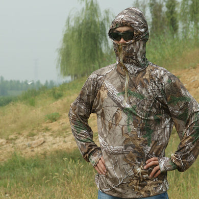 Summer Ultra-Thin Quick-Drying Bionic Camouflage T-Shirt Tops Male Hunting Fishing Hiking Hooded T-Shirts Long Sleeve